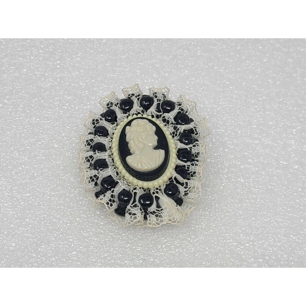 Vintage Handmade Lacy Lucite Cameo Maiden Brooch Pin Black / White Lace